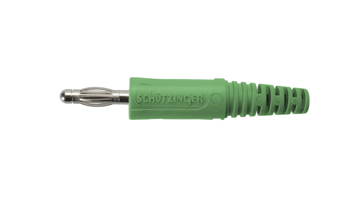 Schutzinger 4 mm Bananenstecker Grün, Kontakt vernickelt, 33 V ac, 70V dc / 32A, Lötanschluss