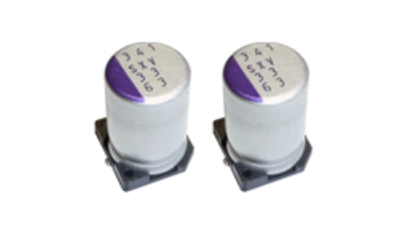 Condensador de polímero Panasonic SXV, 33μF ±20%, 63V dc, Montaje en Superficie, paso 3.2mm, dim. 8 (Dia) x 11.9mm
