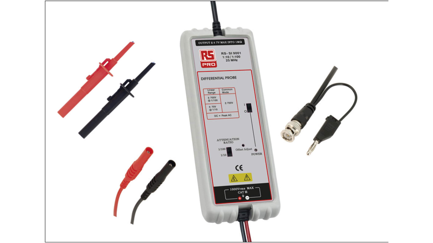 Sonda para osciloscopio RS PRO activa, BNC, 25MHZ, 1:10, 1:100, CAT III, 14ns