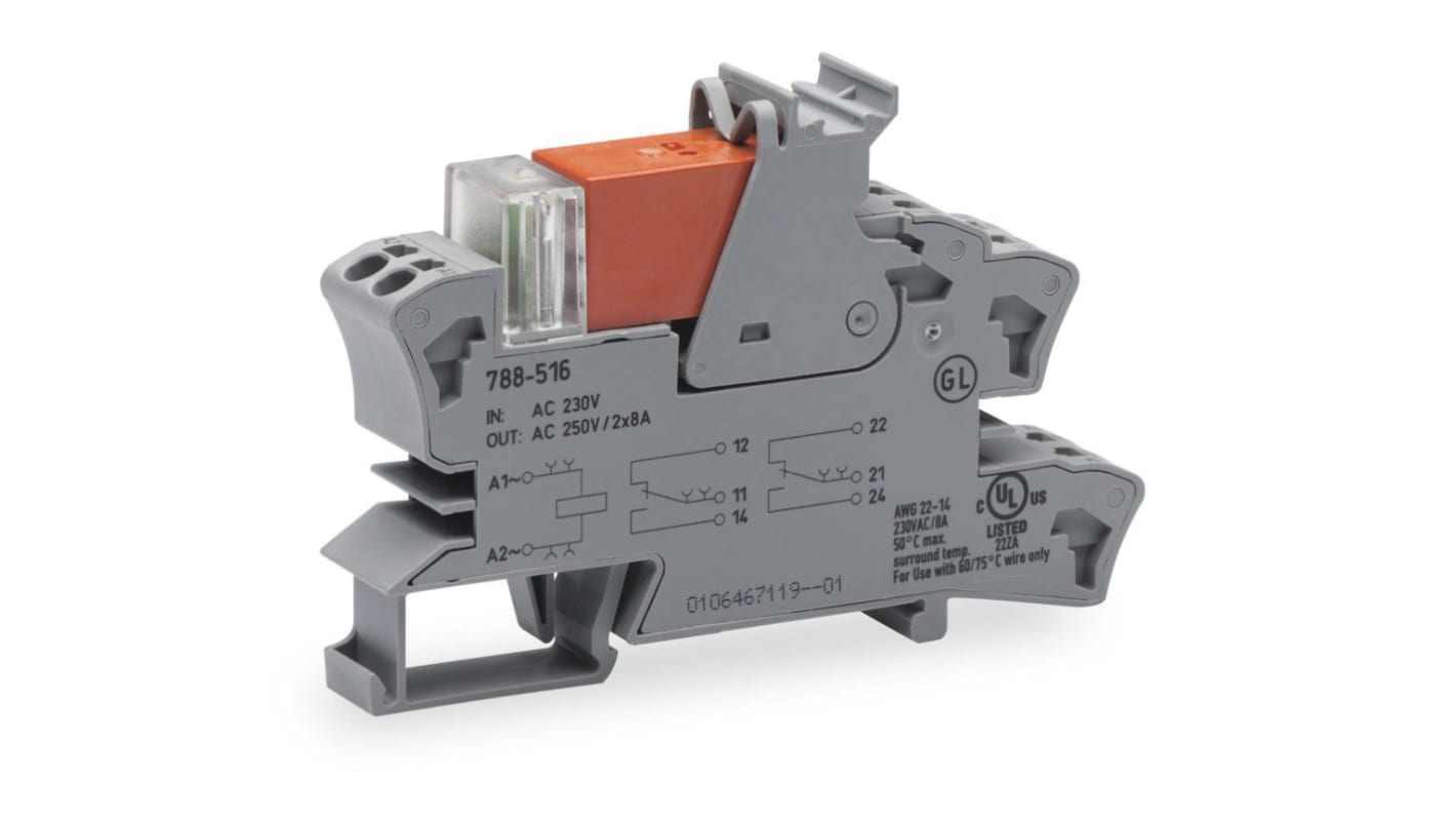 Wago DIN-skinne Interfacerelæ, 24V ac spole, 8A, 250V ac, kontaktkonfiguration: 2-polet skifte