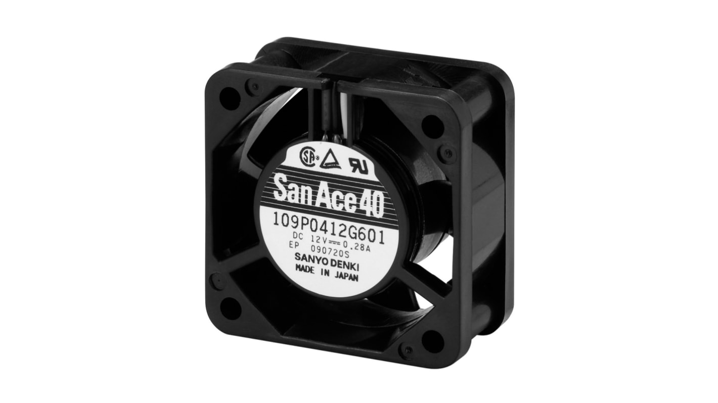 Sanyo Denki 109P Series Axial Fan, 12 V dc, DC Operation, 35.3m³/h, 6.6W, 550mA Max, 40 x 40 x 28mm