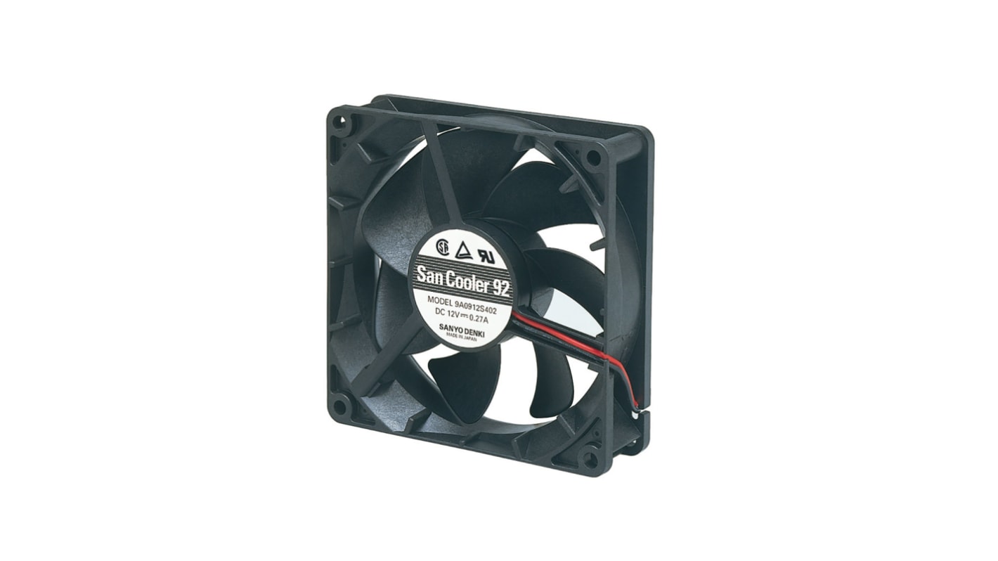 Sanyo Denki 9A Series Axial Fan, 12 V dc, DC Operation, 105.5m³/h, 4.68W, 390mA Max, 92 x 92 x 25mm