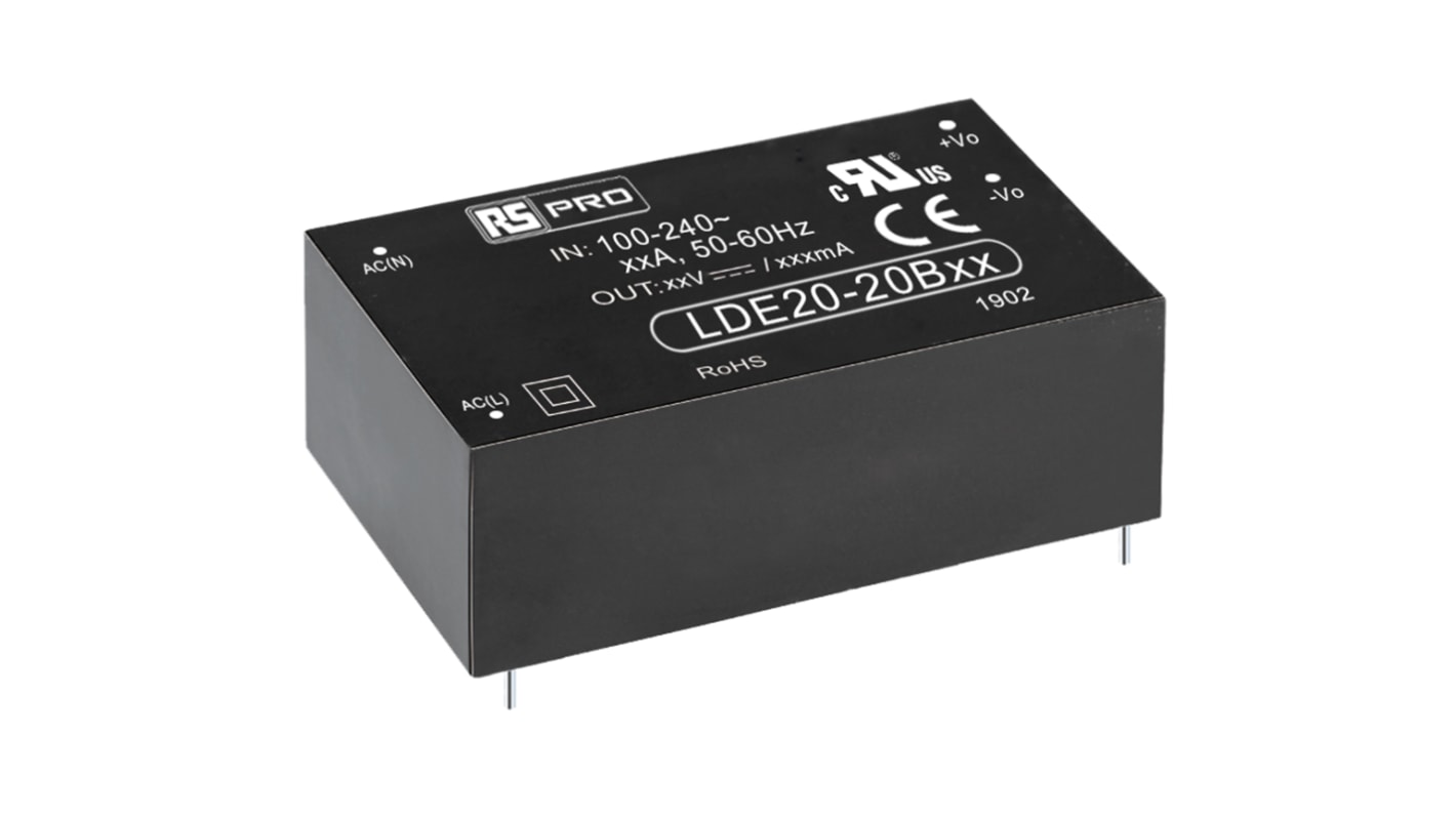 RS PRO Switching Power Supply, 12V dc, 1.66A, 20W, 1 Output, 100 → 370 V dc, 85 → 264 V ac Input Voltage