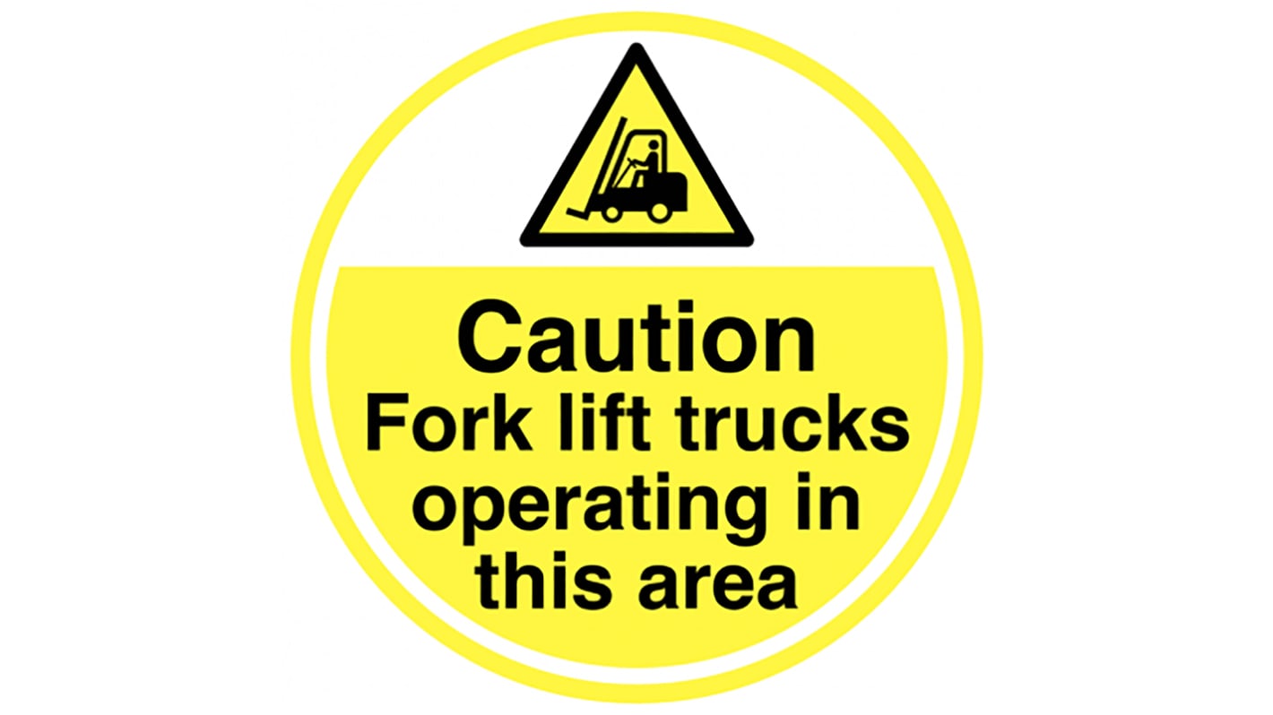 Cartello da pavimento Carrelli elevatori "Caution - Fork lift trucks operating in this area", in Inglese, Autoadesivo