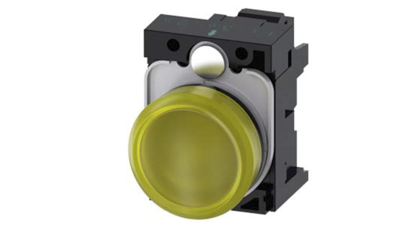 Siemens, 3SU1, Panel Mount Yellow LED Indicator, 22mm Cutout, Round, 24V ac/dc