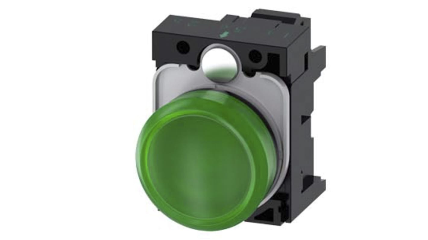 Siemens, 3SU1, Panel Mount Green LED Indicator, 22mm Cutout, Round, 230V ac