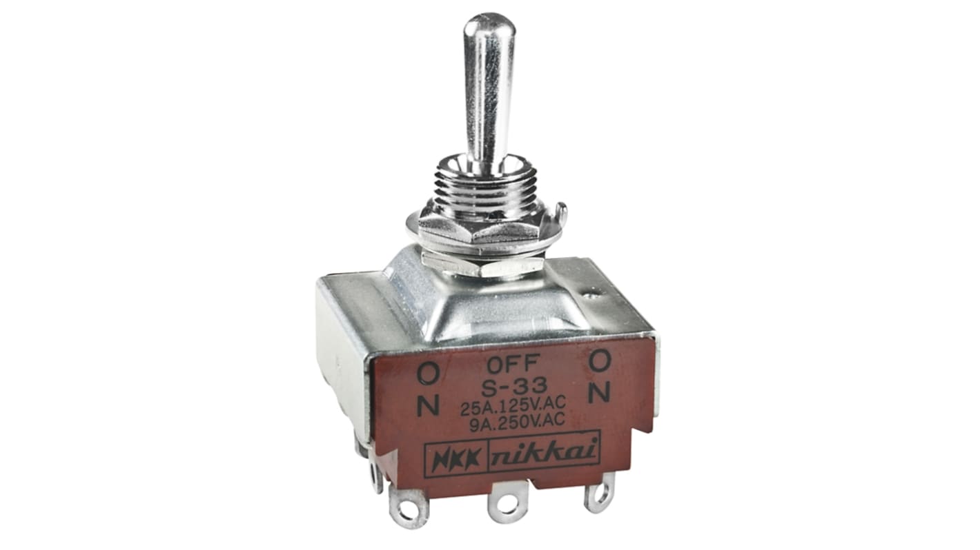 NKK Switches Toggle Switch, Panel Mount, On-Off-On, Three Pole Single Throw (3PST), Solder Lug Terminal, 125V ac