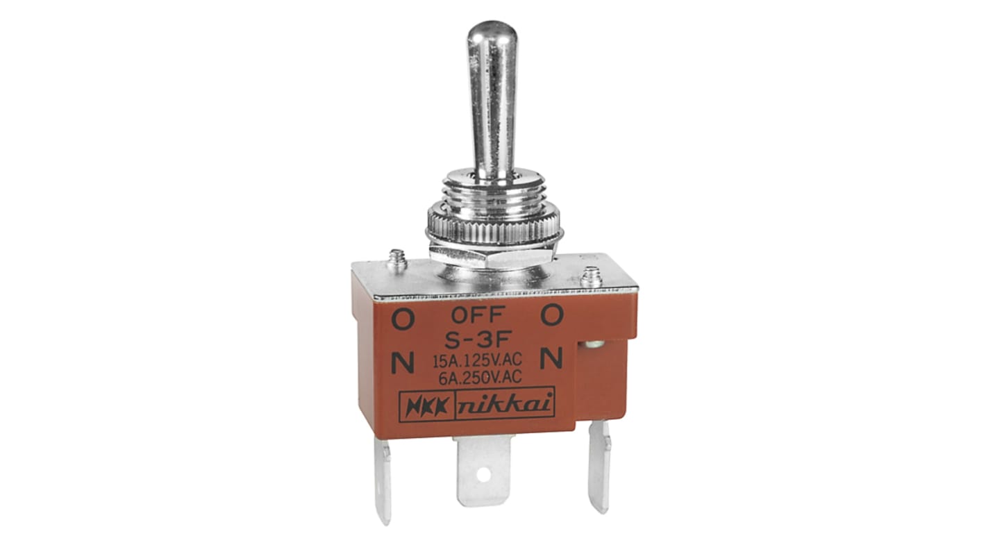 NKK Switches Toggle Switch, Panel Mount, On-Off-On, SPDT, Quick Connect Terminal, 125V ac