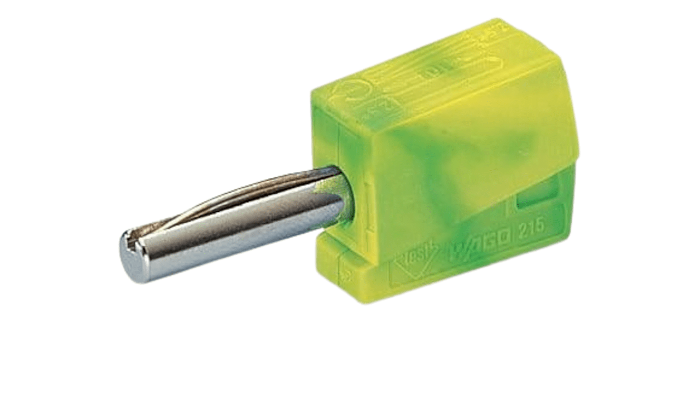 Wago Green/Yellow Male Banana Plug, 4 mm Connector, Cage Clamp Termination, 20A, 42V, Nickel Plating