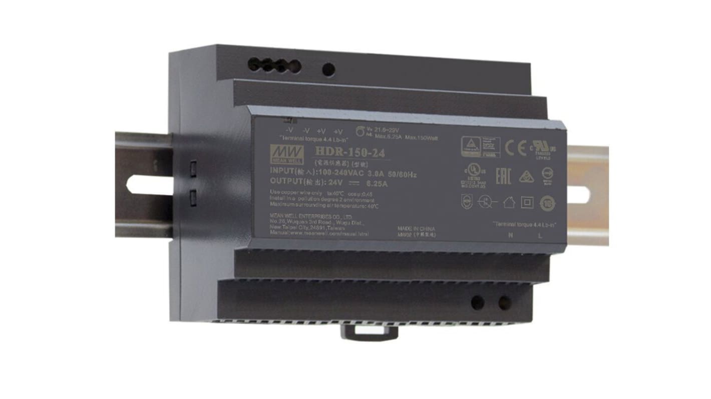 MEAN WELL HDR-150 DIN Rail Power Supply, 85 → 264 V ac / 120 → 370V dc ac, dc Input, 12V dc dc Output,