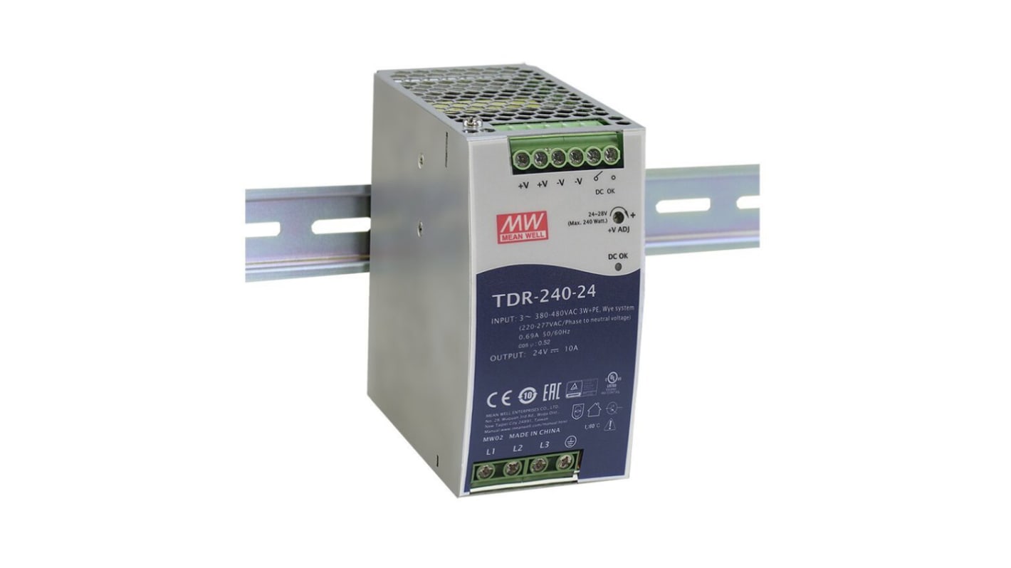 MEAN WELL TDR-240 DIN Rail Power Supply, 340 → 550 V ac / 480 → 780V dc ac, dc Input, 48V dc dc Output,