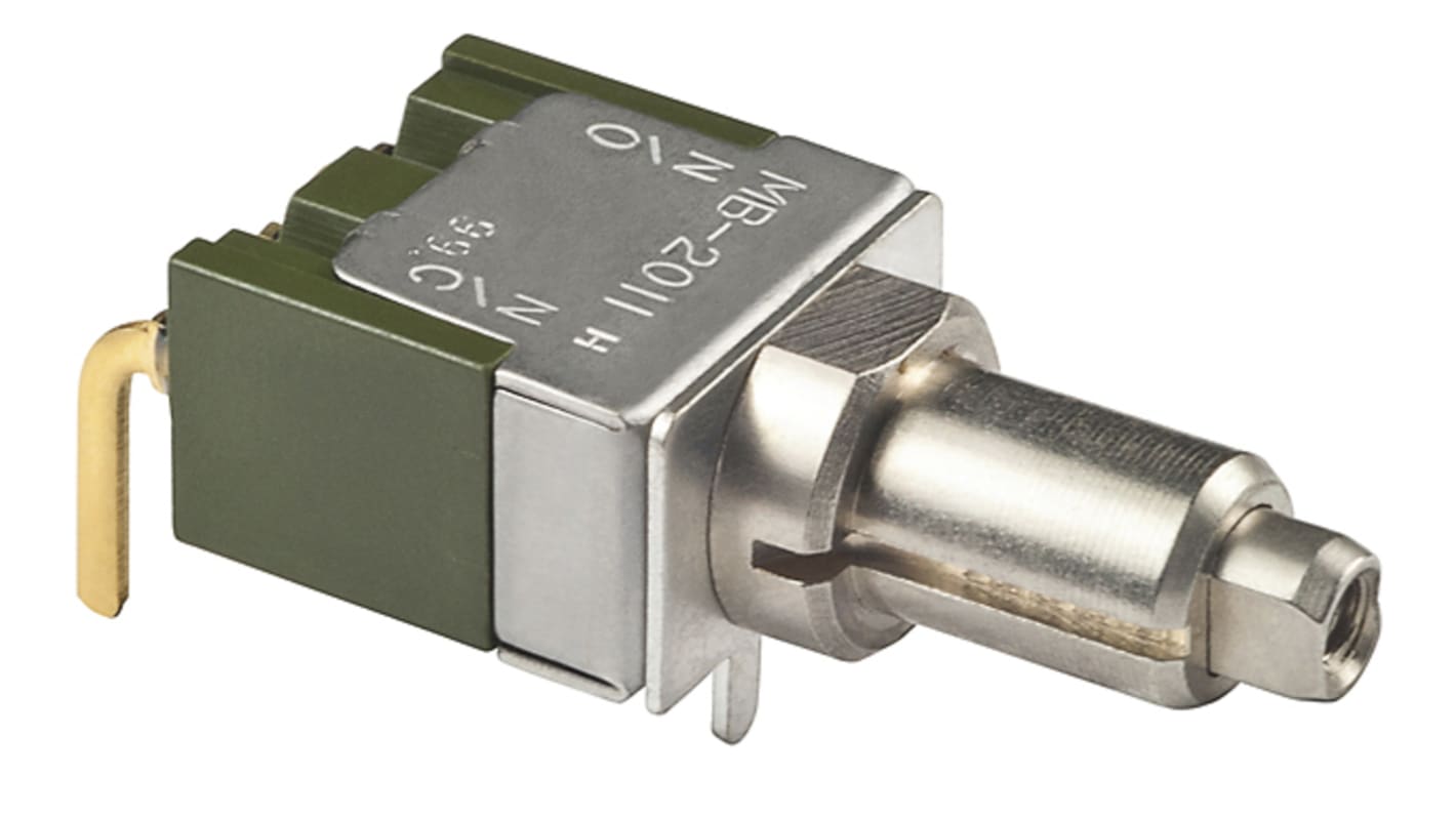 Interruptor de Botón Pulsador NKK Switches, SPDT, On-(On), 0.4VA, 28V ac/dc, Montaje en orificio pasante
