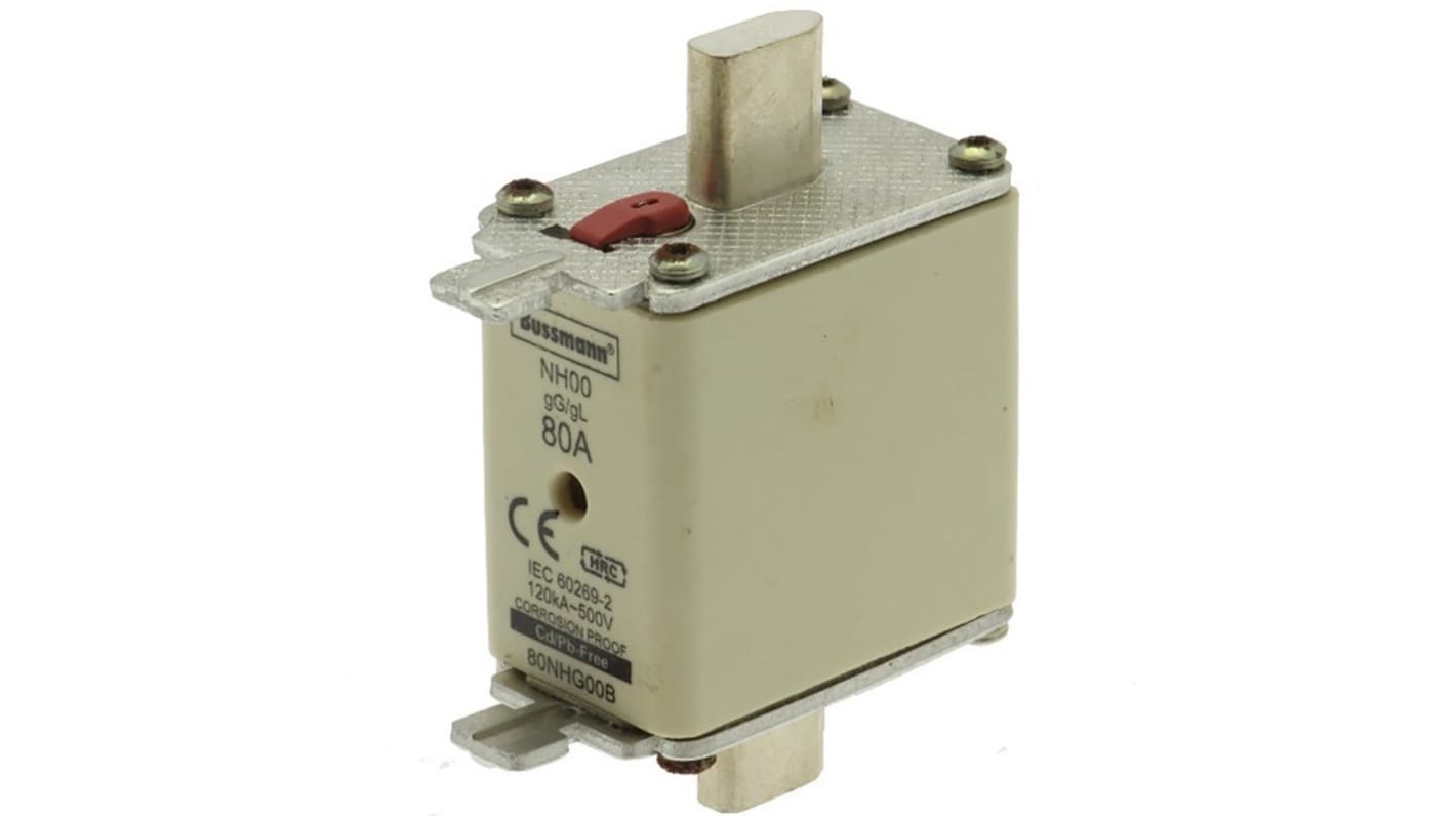 Fusibile a linguetta con fissaggio a bullone, Eaton, 80A, fusibile NH00, standard CE, DIN 43620, IEC 60269, VDE 0636,