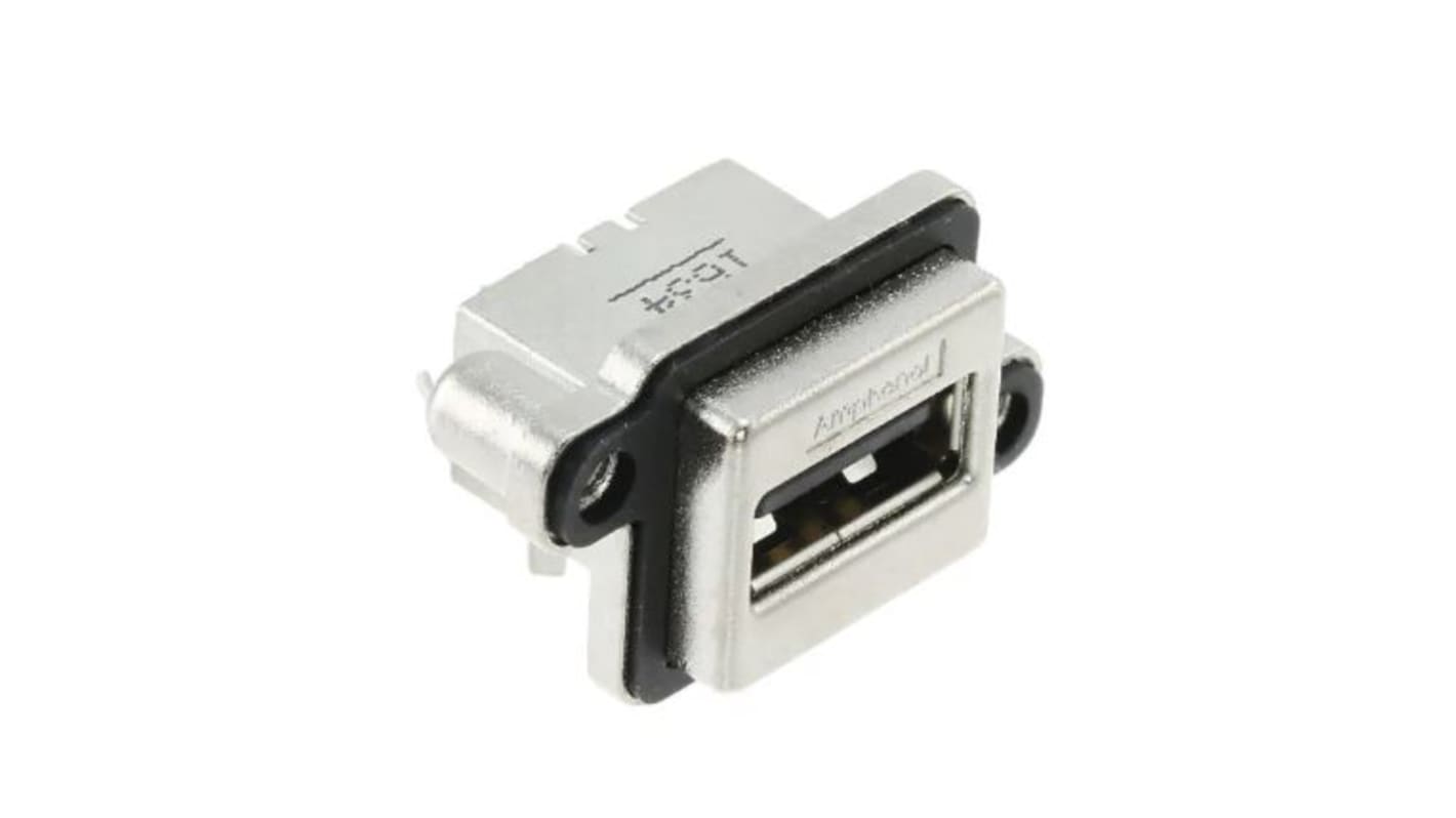 Conector USB Amphenol ICC MUSB-A511-N0, Hembra, , 1 puerto puertos, Ángulo de 90° IP67, Montaje en Panel, Versión 2.0,