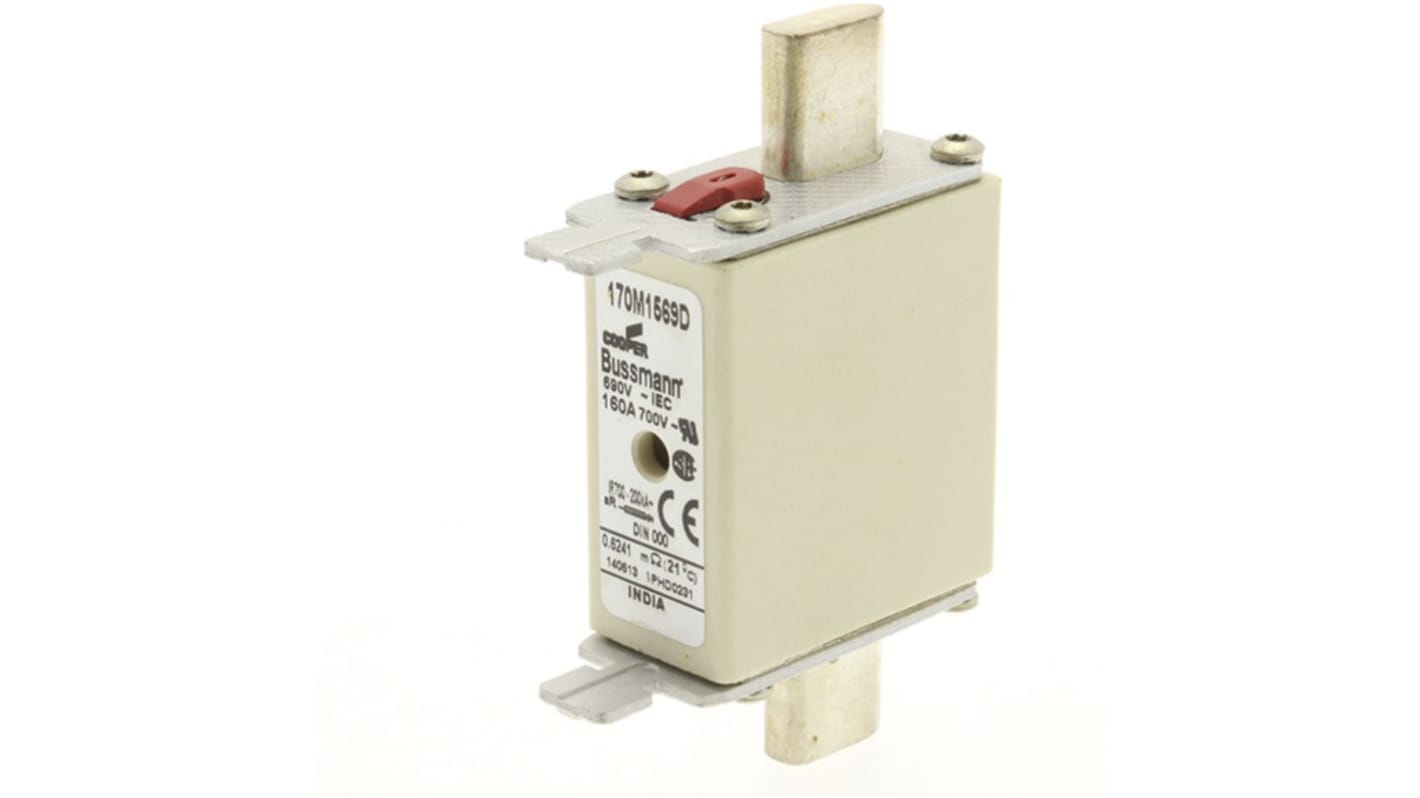 Fusibile con linguette centrate, Eaton, 160A, fusibile NH000 con velocità T, standard CE, CSA, IEC 60269, UL, cat. aR