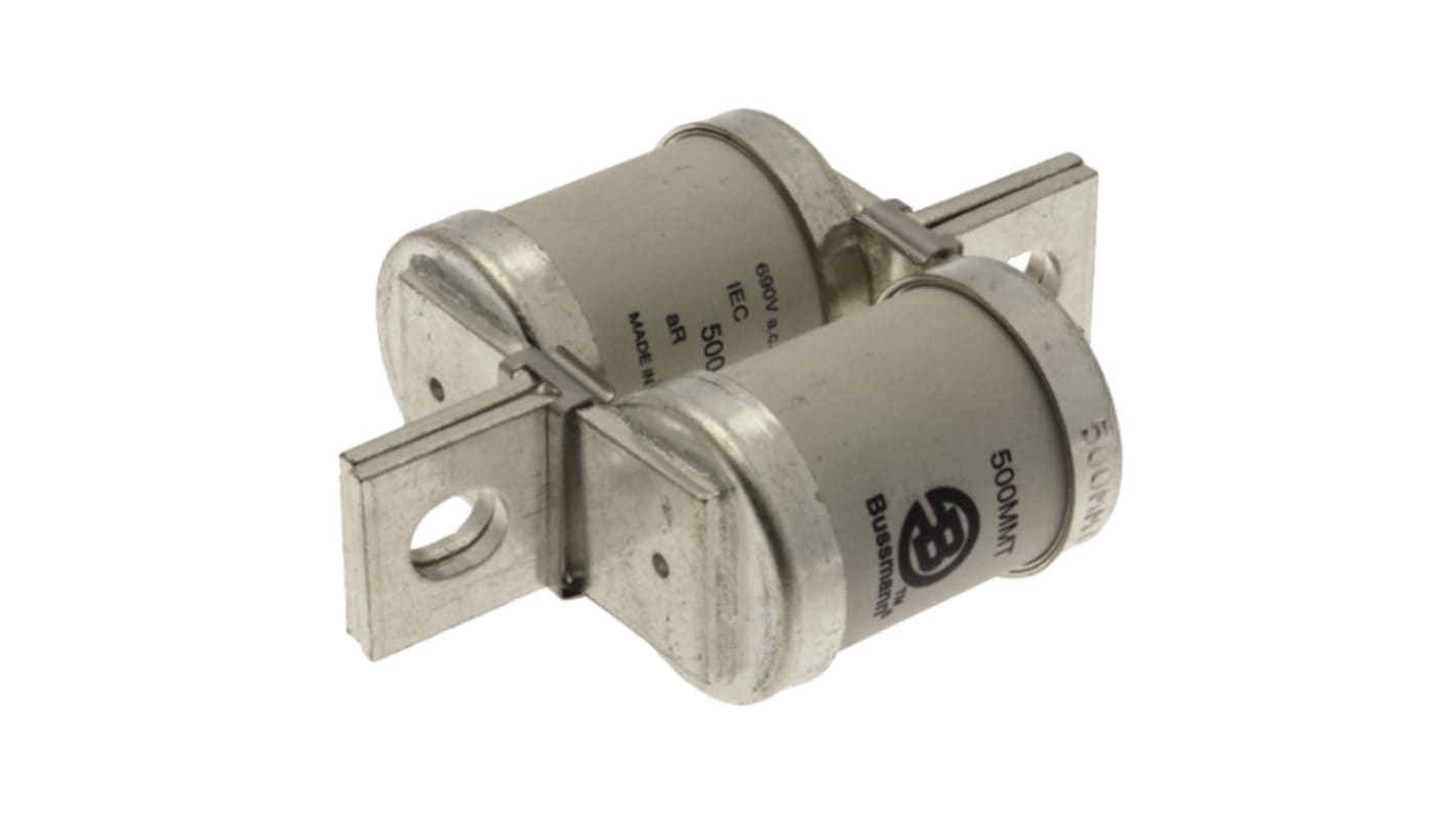 Fusibile a linguetta con fissaggio a bullone, Eaton, 500A, fusibile MMT con velocità T, standard BS 88, IEC 60269, fori