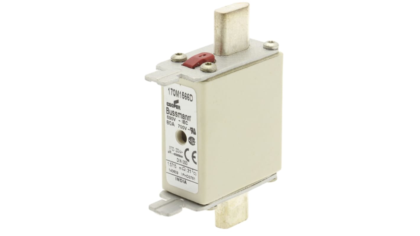 Fusibile con linguette centrate, Eaton, 80A, fusibile NH000 con velocità T, standard CE, CSA, IEC 60269, UL, cat. aR