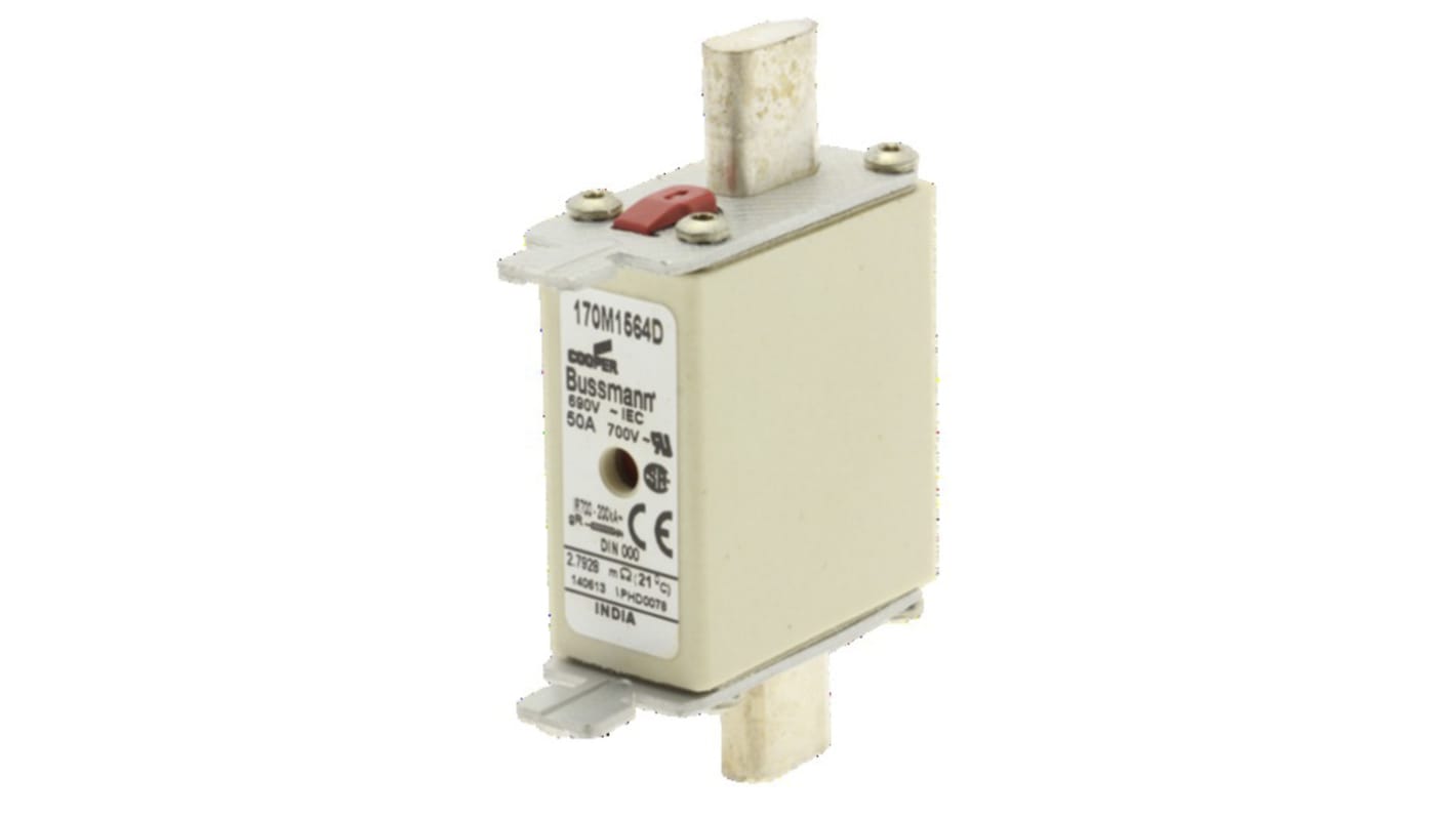 Fusibile con linguette centrate, Eaton, 50A, fusibile NH000 con velocità T, standard CE, CSA, IEC 60269, UL, cat. gR