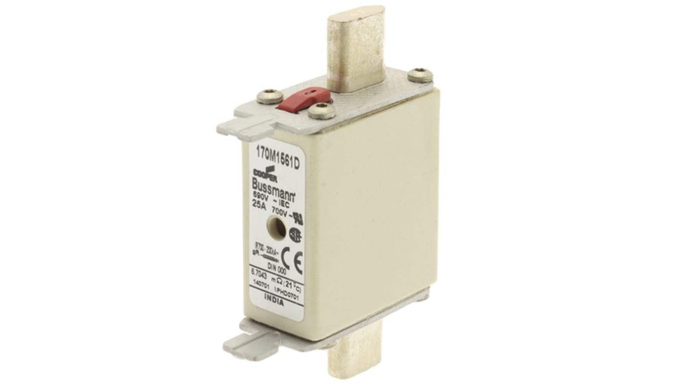 Fusibile con linguette centrate, Eaton, 25A, fusibile NH000 con velocità T, standard CE, CSA, IEC 60269, UL, cat. gR