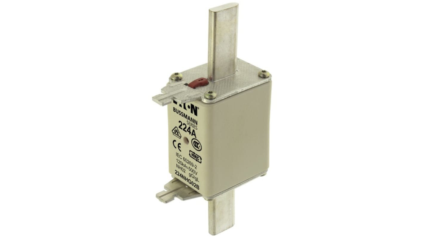 Fusibile con linguette centrate, Eaton, 224A, fusibile NH02, standard CE, DIN 43620, IEC 60269, VDE 0636, cat. gL, gG