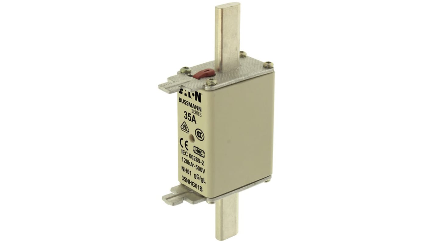 Fusibile con linguette centrate, Eaton, 35A, fusibile NH01, standard CE, DIN 43620, IEC 60269, VDE 0636, cat. gG - gL