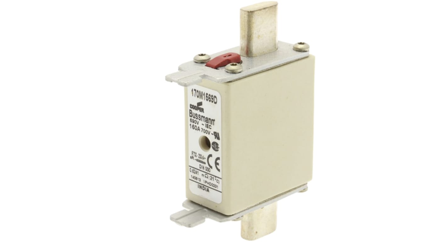 Fusibile con linguette centrate, Eaton, 160A, fusibile NH000 con velocità T, standard CE, CSA, IEC 60269, UL, cat. aR