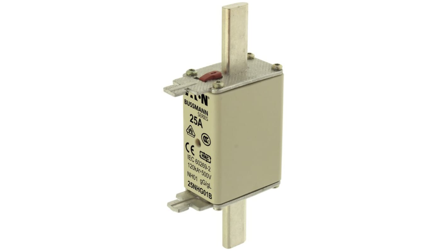 Fusibile con linguette centrate, Eaton, 25A, fusibile NH01, standard CE, DIN 43620, IEC 60269, VDE 0636, cat. gG - gL