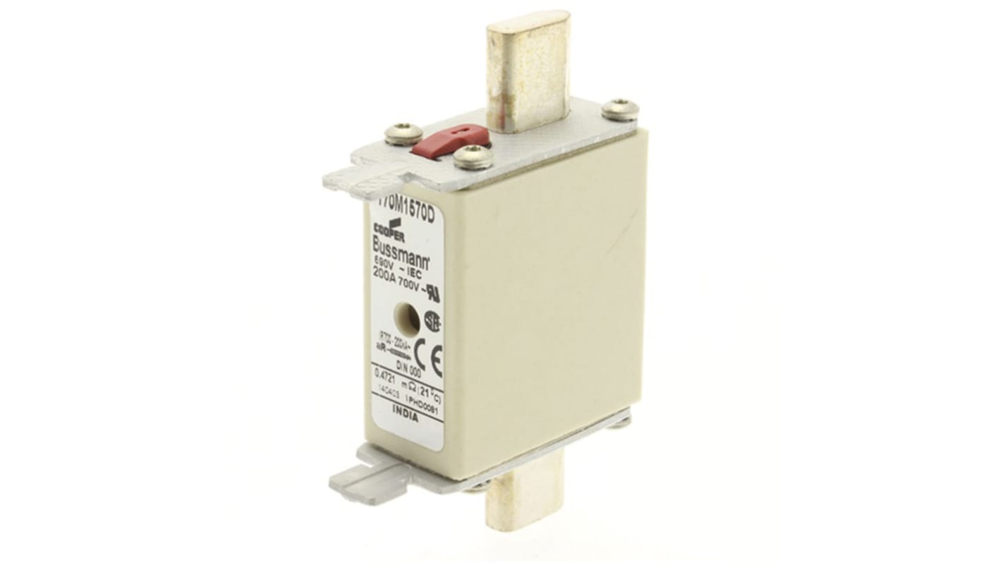 Fusibile con linguette centrate, Eaton, 200A, fusibile NH000 con velocità T, standard CE, CSA, IEC 60269, UL, cat. aR