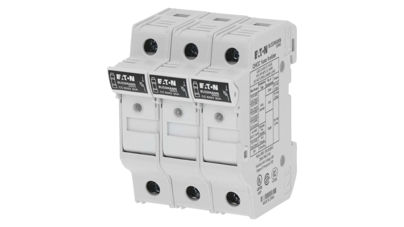 Eaton 30A Rail Mount Fuse Holder for 10 x 38mm Fuse, 3P, 600V ac