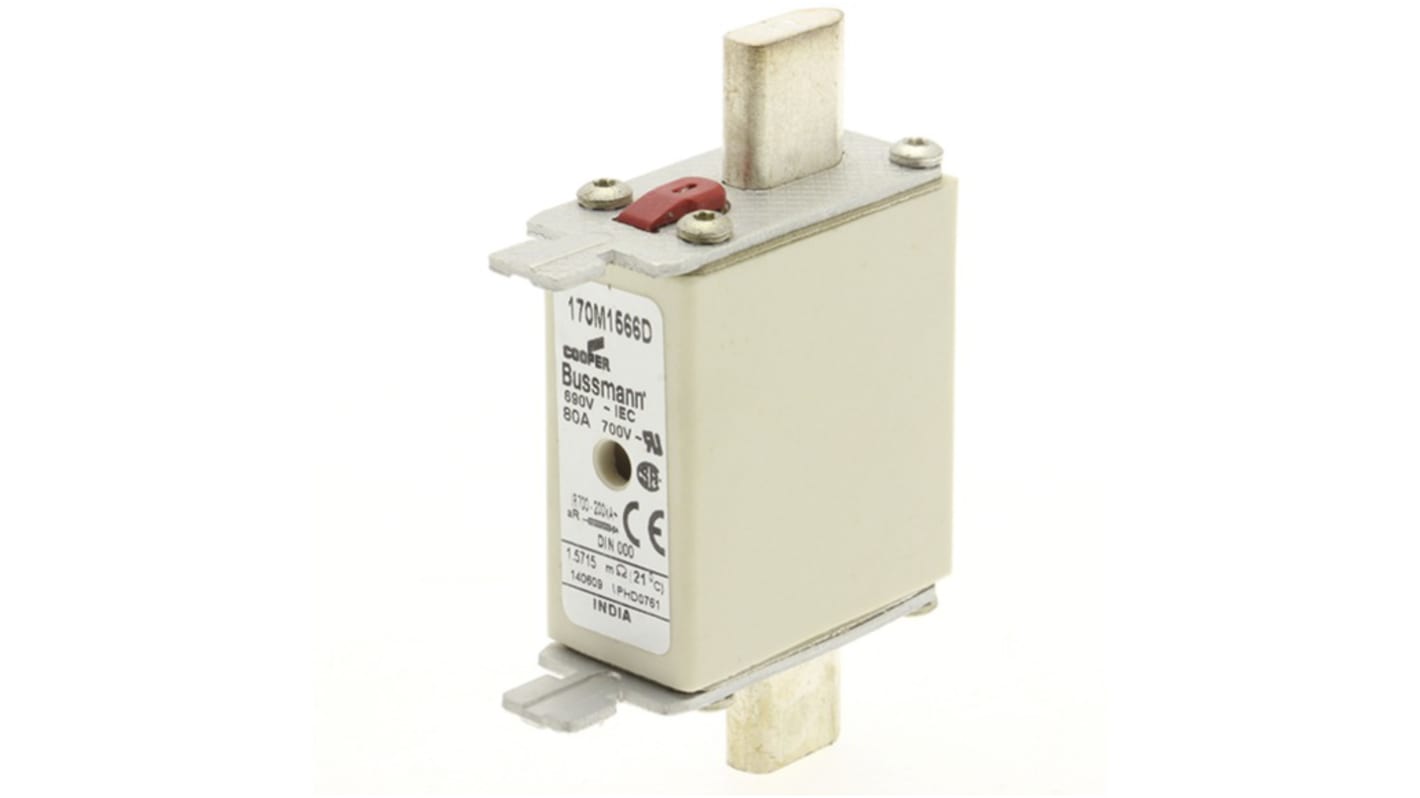 Fusibile con linguette centrate, Eaton, 80A, fusibile NH000 con velocità T, standard CE, CSA, IEC 60269, UL, cat. aR