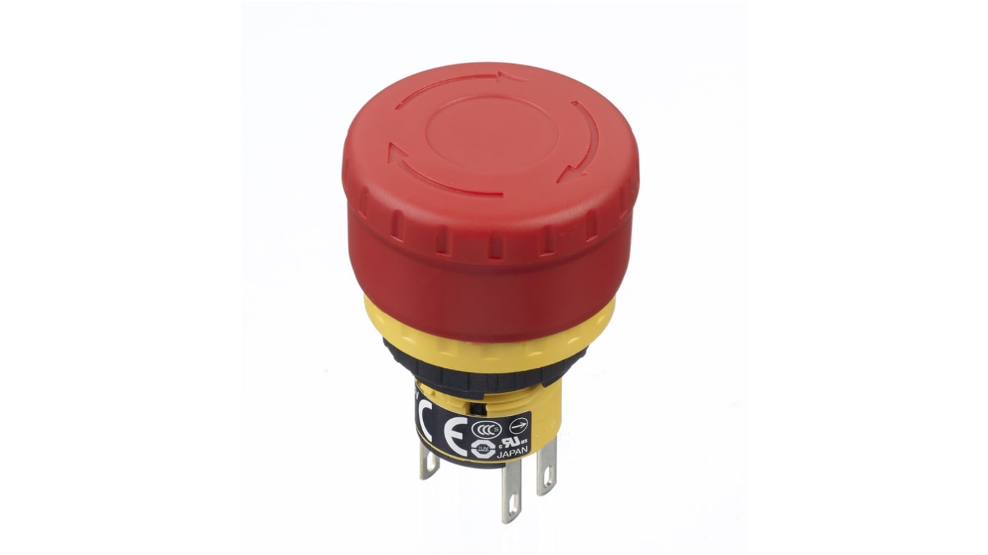 Idec XA Series Twist Release Emergency Stop Push Button, Panel Mount, 16mm Cutout, 2NC, IP40, IP65