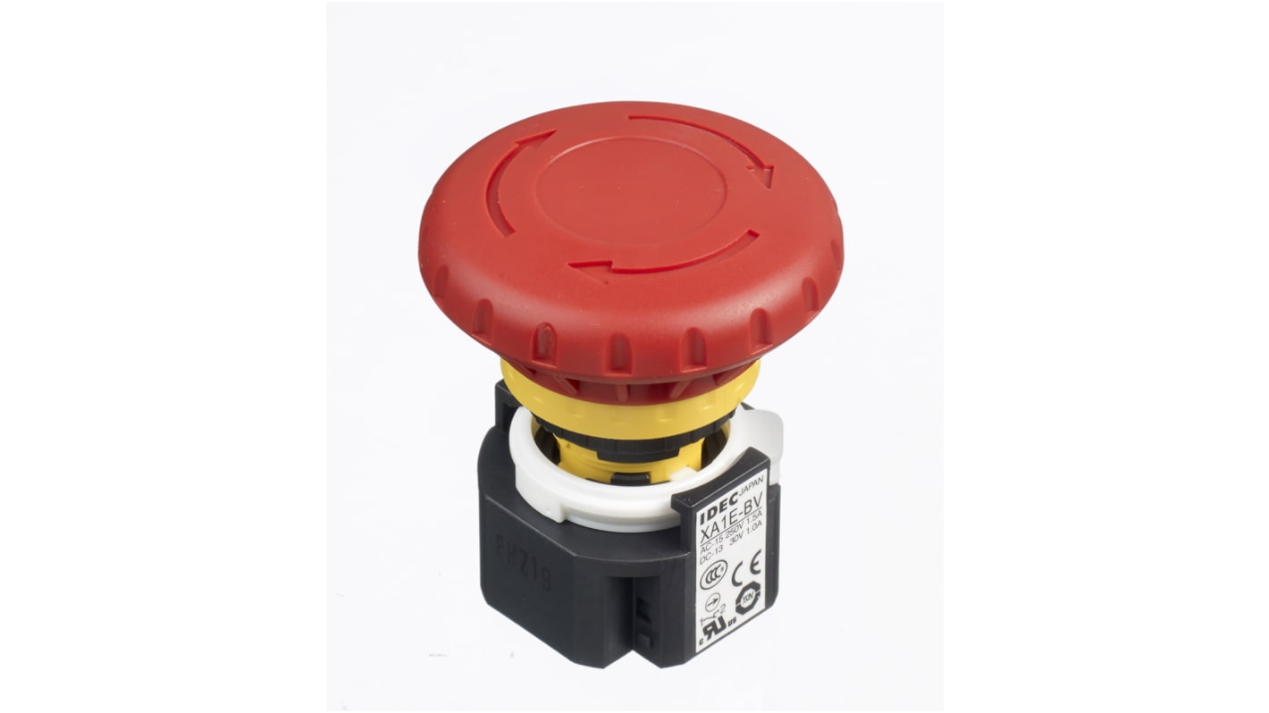 Idec XA Series Twist Release Emergency Stop Push Button, Panel Mount, 16mm Cutout, 2NC, IP65