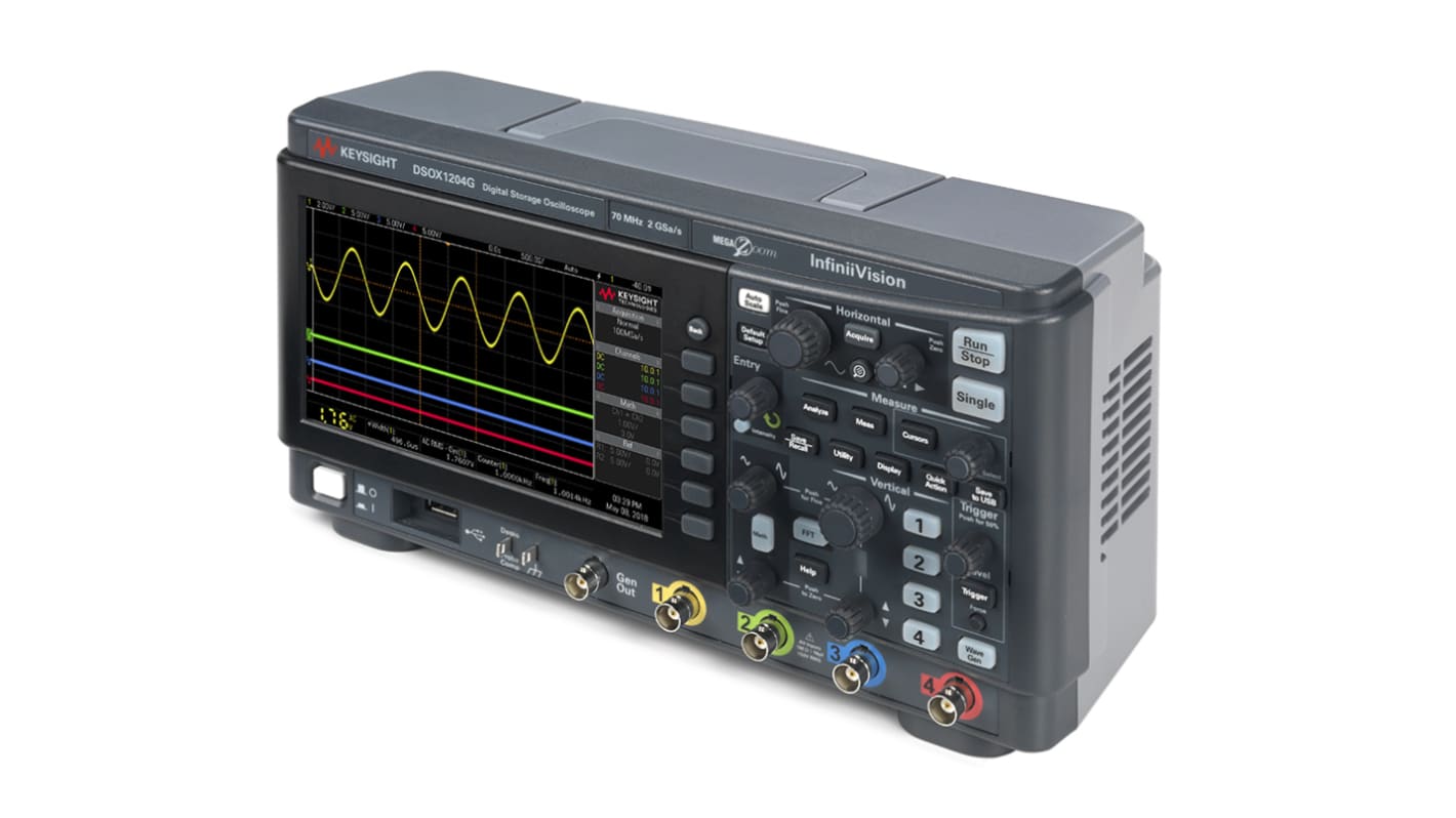 Osciloscopio de banco Keysight Technologies DSOX1204G, calibrado UKAS, canales:4 A, 70MHZ, pantalla de 7plg, interfaz