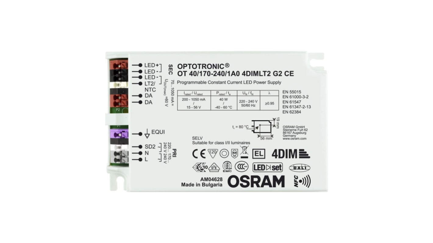 Driver de LED Osram,sortie 15 → 56V 70 → 1050mA, 40W, IP20