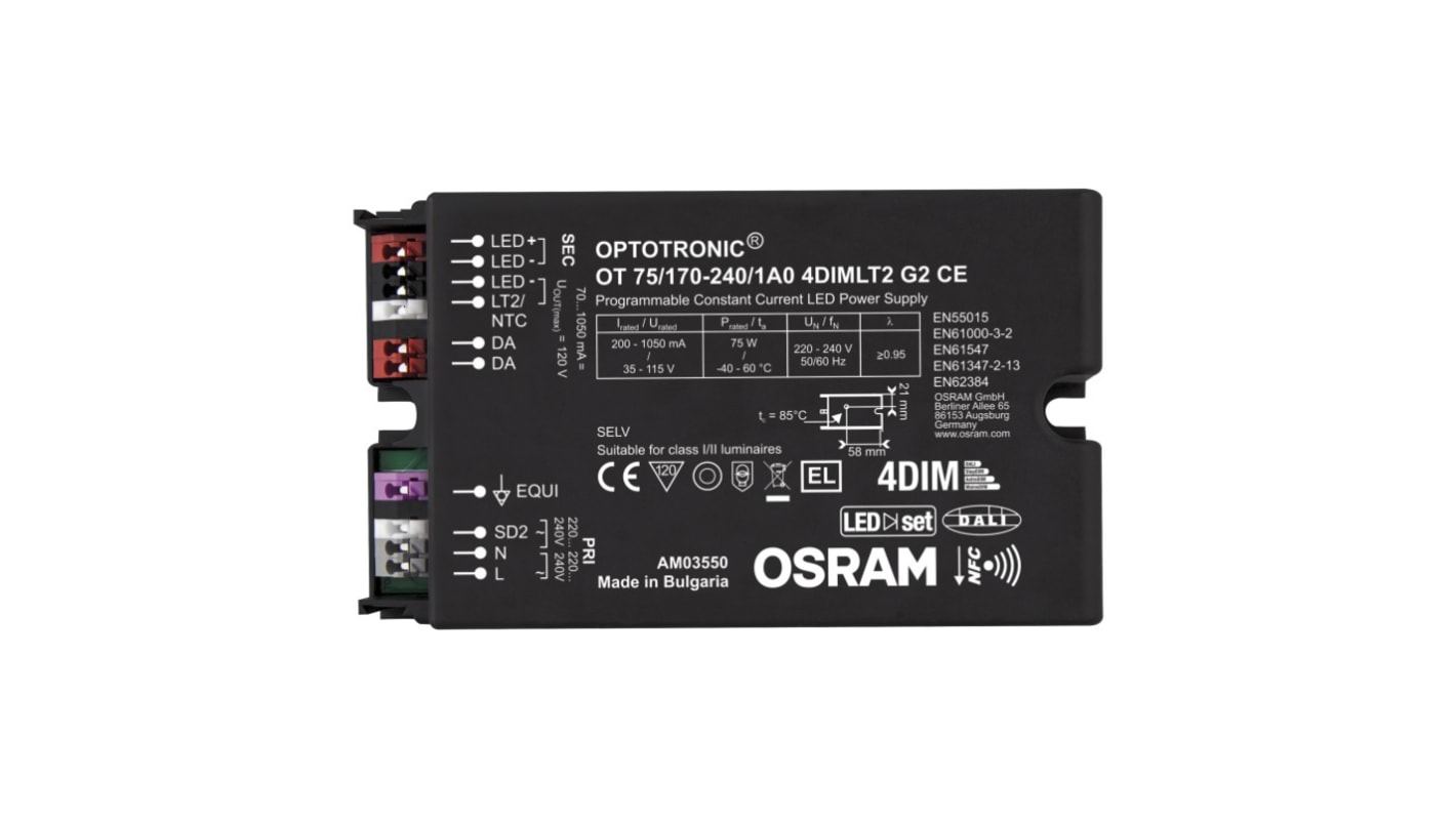 Osram LED Driver, 35 → 115V Output, 75W Output, 70 → 1050mA Output, Constant Current Dimmable