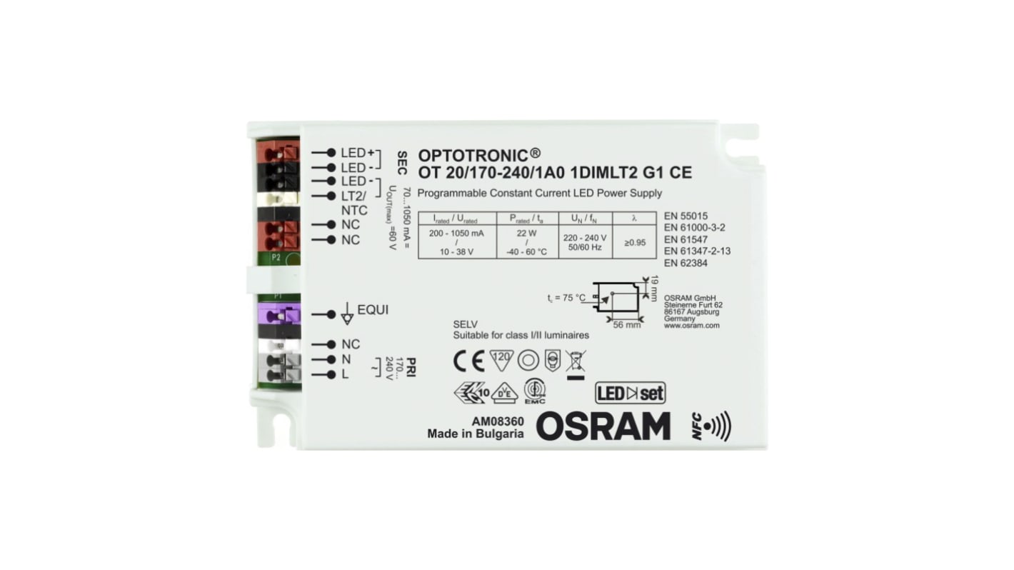 Driver de LED Osram,sortie 10 → 38V 70 → 1050mA, 22W, IP20