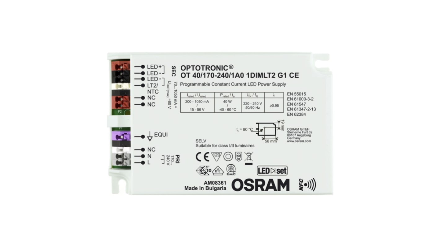 Driver LED corriente constante Osram OPTOTRONIC NFC de salidas, IN: 170 → 264 V ac, OUT: 15 → 56V, 70