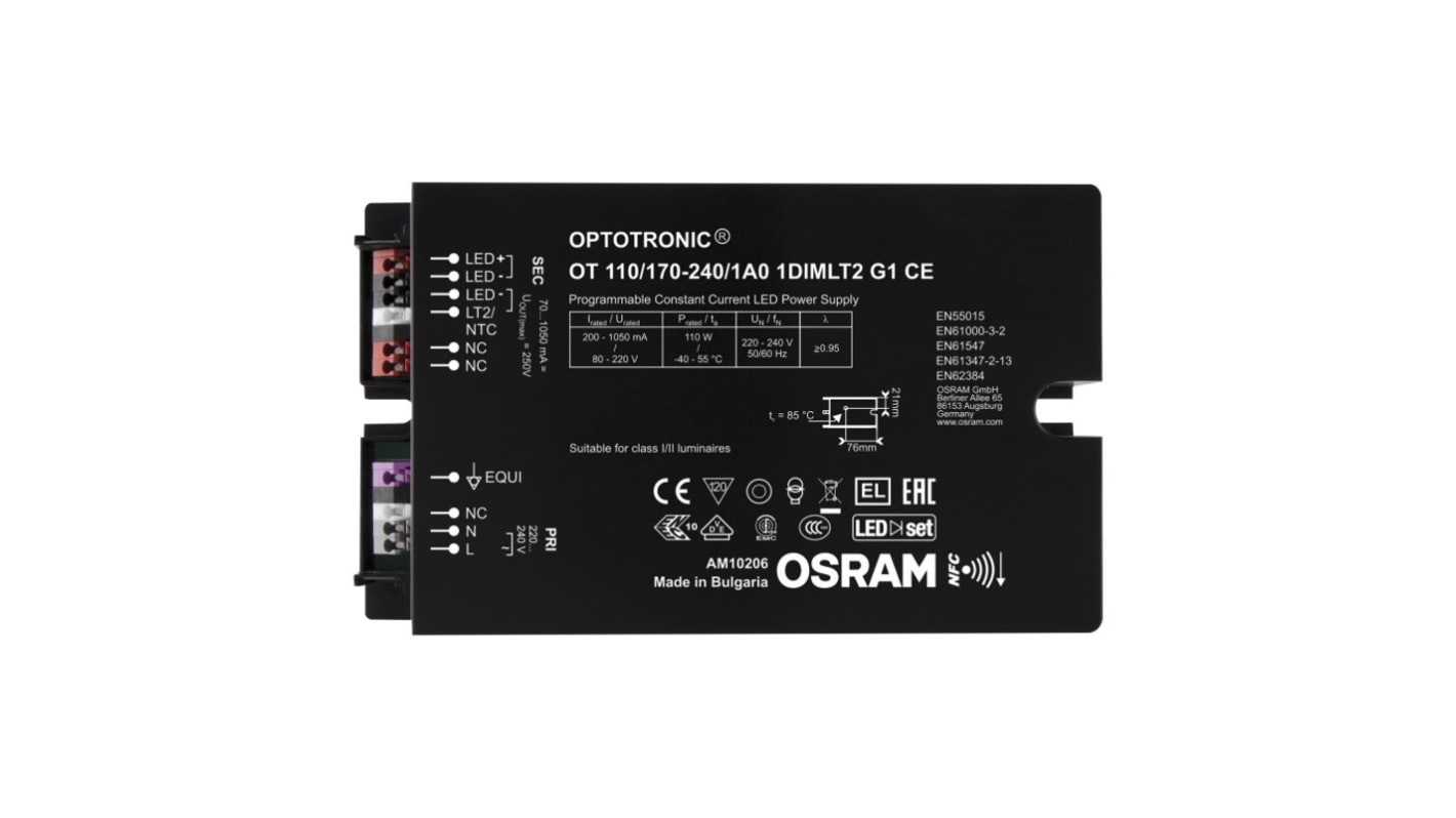 Driver LED corriente constante Osram OPTOTRONIC NFC de salidas, IN: 170 → 264 V ac, OUT: 80 → 220V, 200