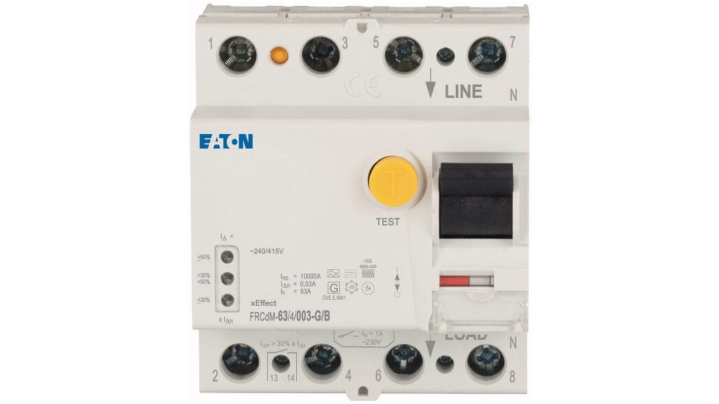 RCCB Eaton, 63A Tipo B, 4 Polos, 30mA FRCdM IEC/EN 61008, IEC/EN 62423 240/415V ac