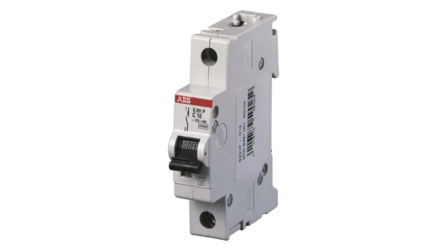 ABB System Pro M Compact S200P MCB, 1P, 10A Curve K, 230V AC, 25 kA Breaking Capacity