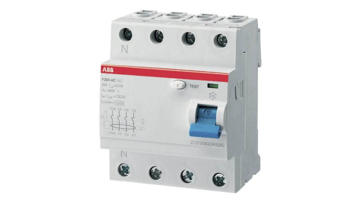 ABB F200 RCD, 25A, 4 Pole, 30mA, Type AC, 230/400V ac