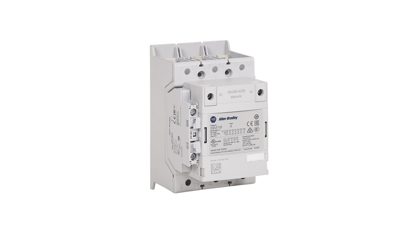 Allen Bradley 100-E Contactor, 100 → 250 V dc Coil, 3-Pole, 116 A, 55 kW, 1NO + 1NC, 400 V ac