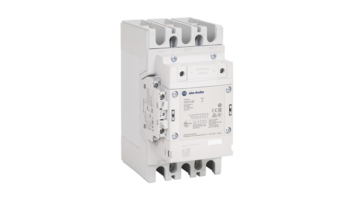 Allen Bradley 100-E Contactor, 24 → 60 V dc Coil, 3-Pole, 190 A, 90 kW, 3NO, 400 V ac