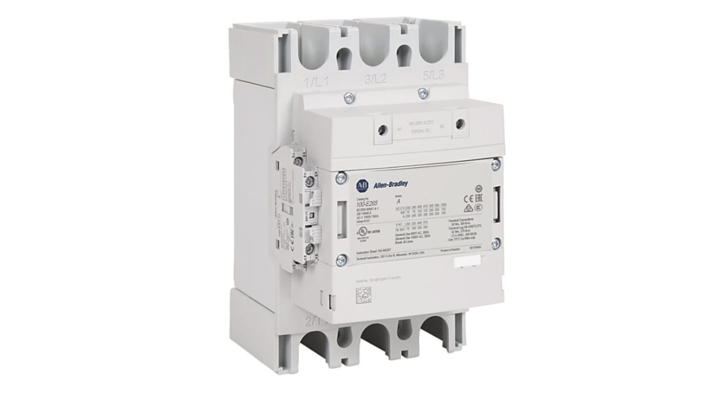 Contacteur Allen Bradley série 100-E, 3 pôles , 1 NO + 1 NF, 370 A, 100 → 250 V c.c., 200 kW