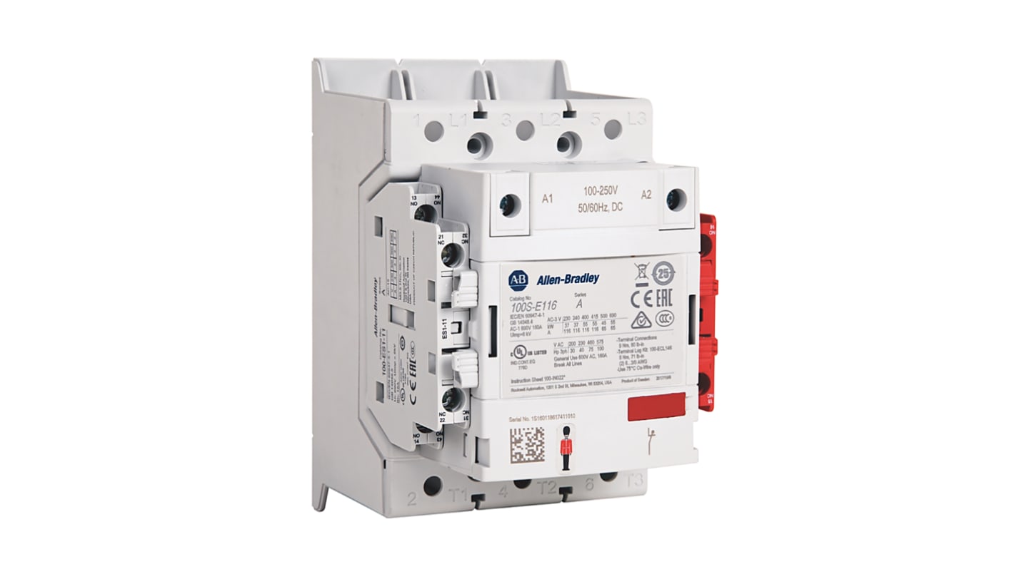 Allen Bradley 100S-E Series Contactor, 100 → 250 V ac/dc Coil, 3-Pole, 116 A, 1NO + 1NC, 250 V ac/dc