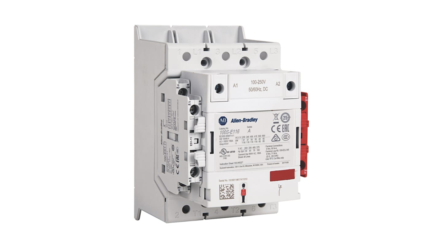 Allen Bradley 100S-E Leistungsschütz / 100 → 250 V ac/dc Spule, 3 -polig / 190 A, Sicherheit