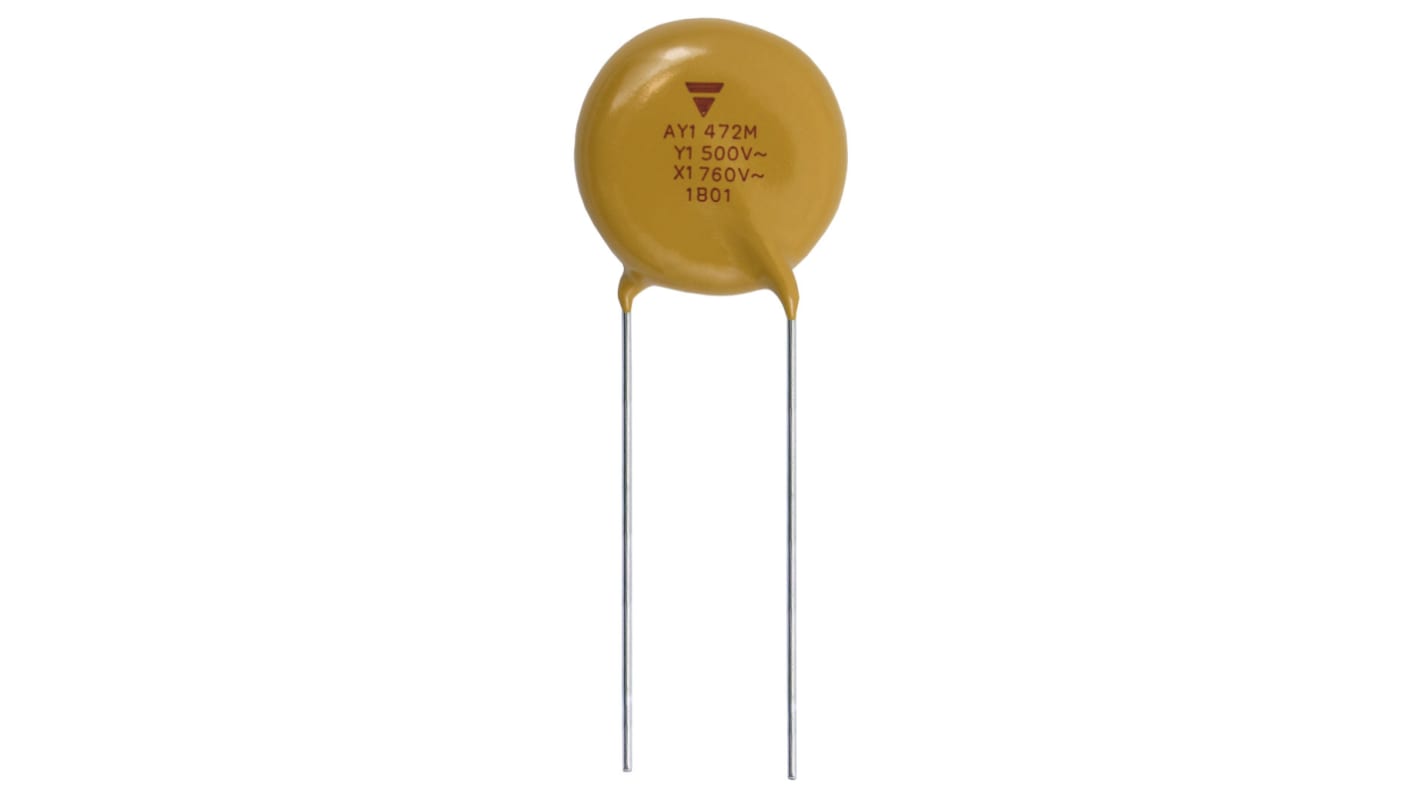 Vishay Single Layer Ceramic Capacitor (SLCC) 470pF 500V ac ±20% Y5U Dielectric, AY1, Through Hole +125°C Max Op. Temp.