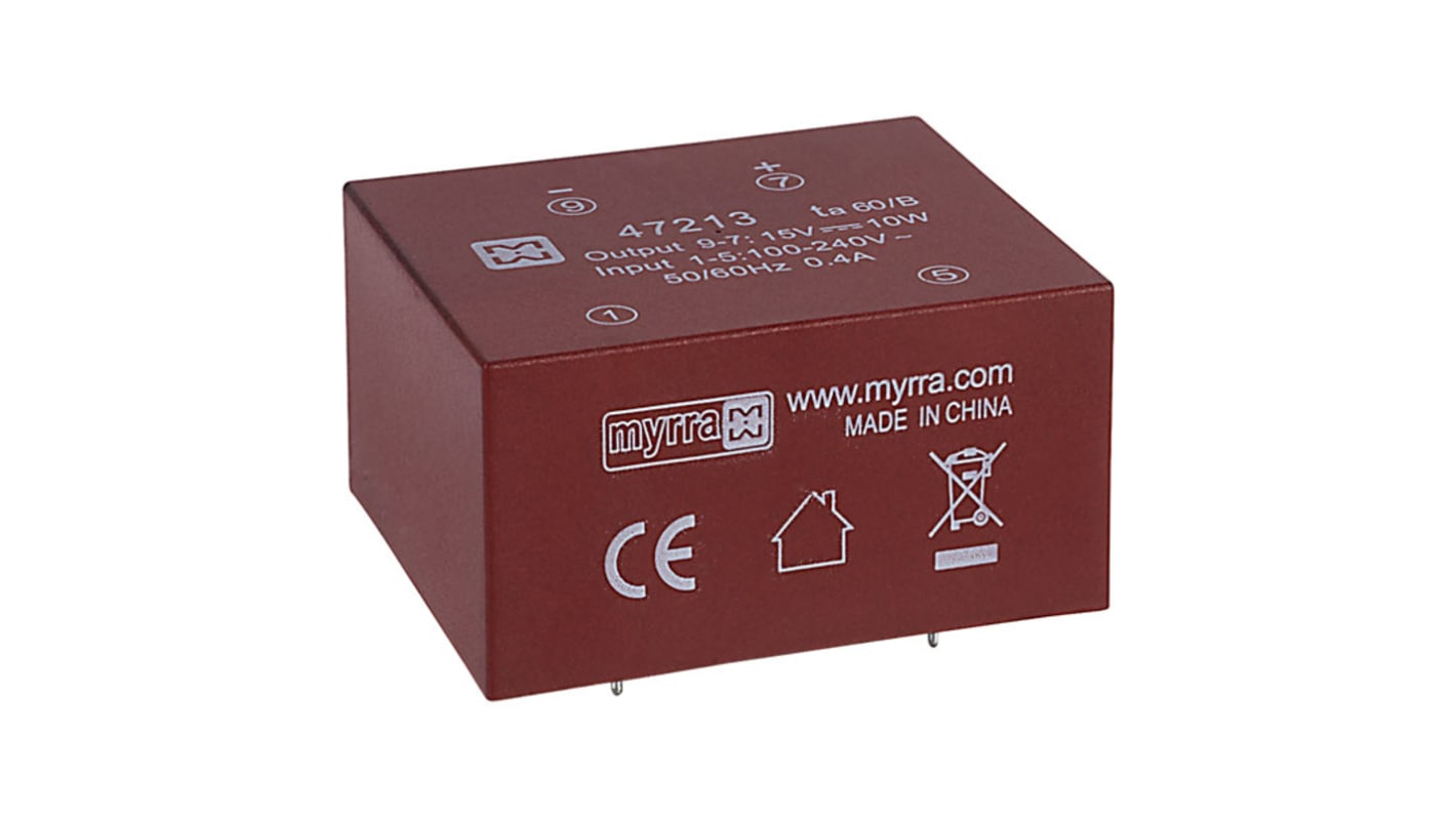 Transformateur pour circuit imprimé Myrra, 15V c.c., 100 → 240 V ac, 140 → 340 V dc, 10W, 1 sortie