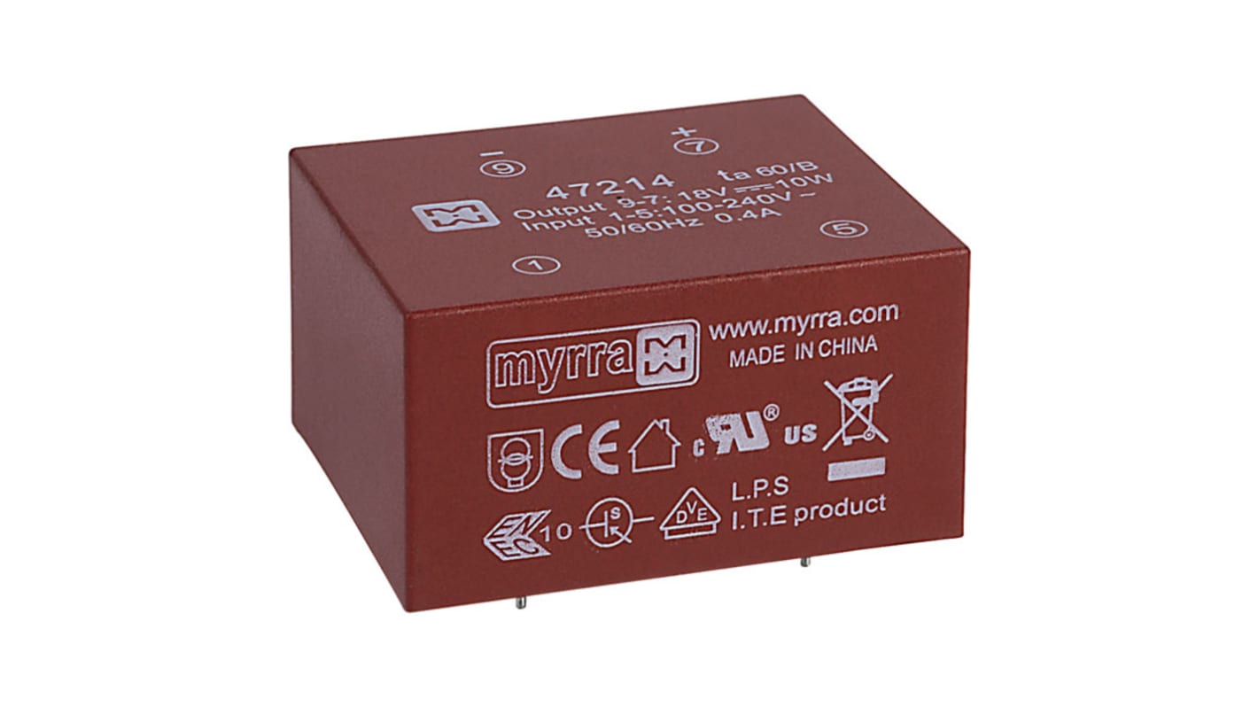 Transformateur pour circuit imprimé Myrra, 18V c.c., 100 → 240 V ac, 140 → 340 V dc, 10W, 1 sortie