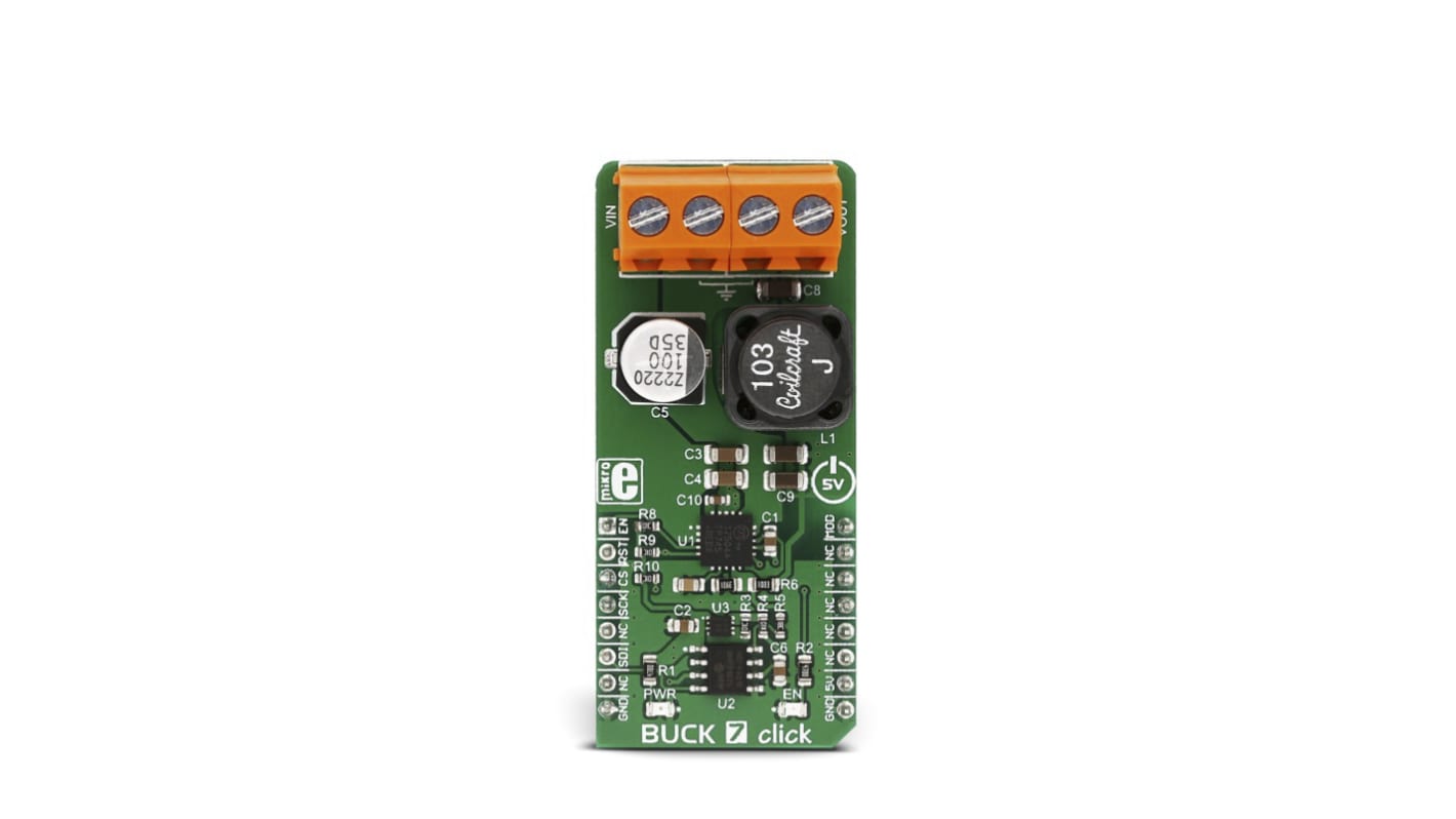 Development Kit Buck 7 Click for use with Distributed Power Supply Regulation, General Points Of Load, Regulated Power